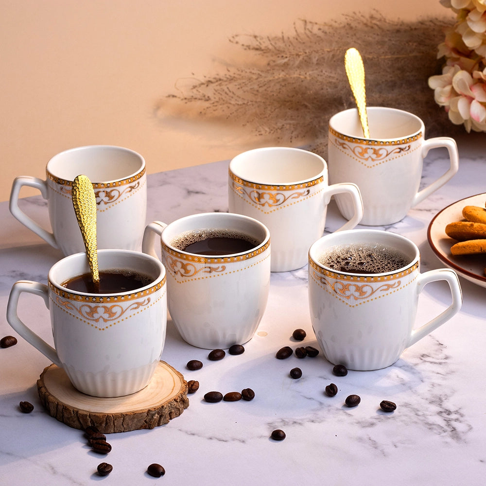 Elite White and Gold Printed Tea Cups (Set of 6)