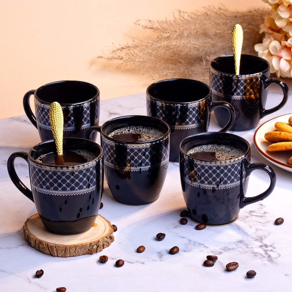 Elegant Glossy Black Gold Print Cup (Set of 6)