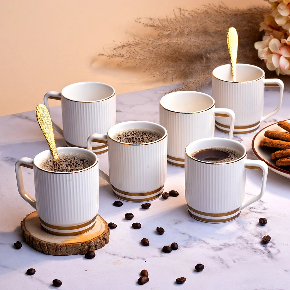 Classic White and Gold Ribbed Cups (Set of 6)