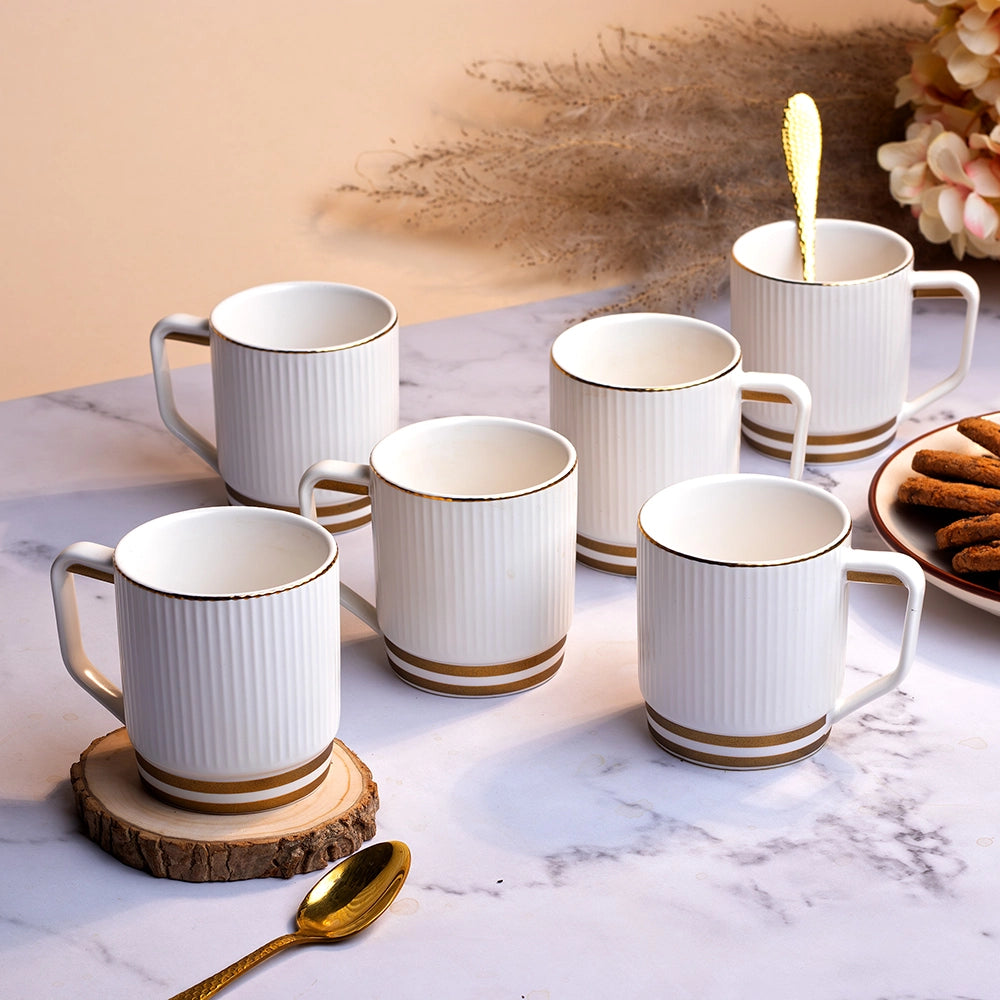 Classic White and Gold Ribbed Cups (Set of 6)
