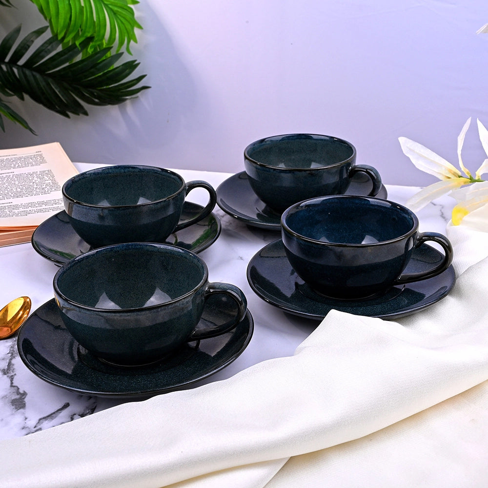 Artisanal Slate Grey Porcelain Cup & Saucer (Set of 4)