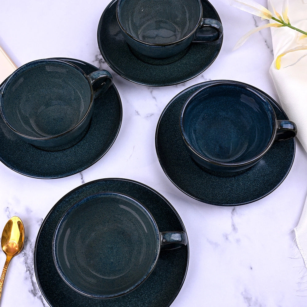 Artisanal Slate Grey Porcelain Cup & Saucer (Set of 4)