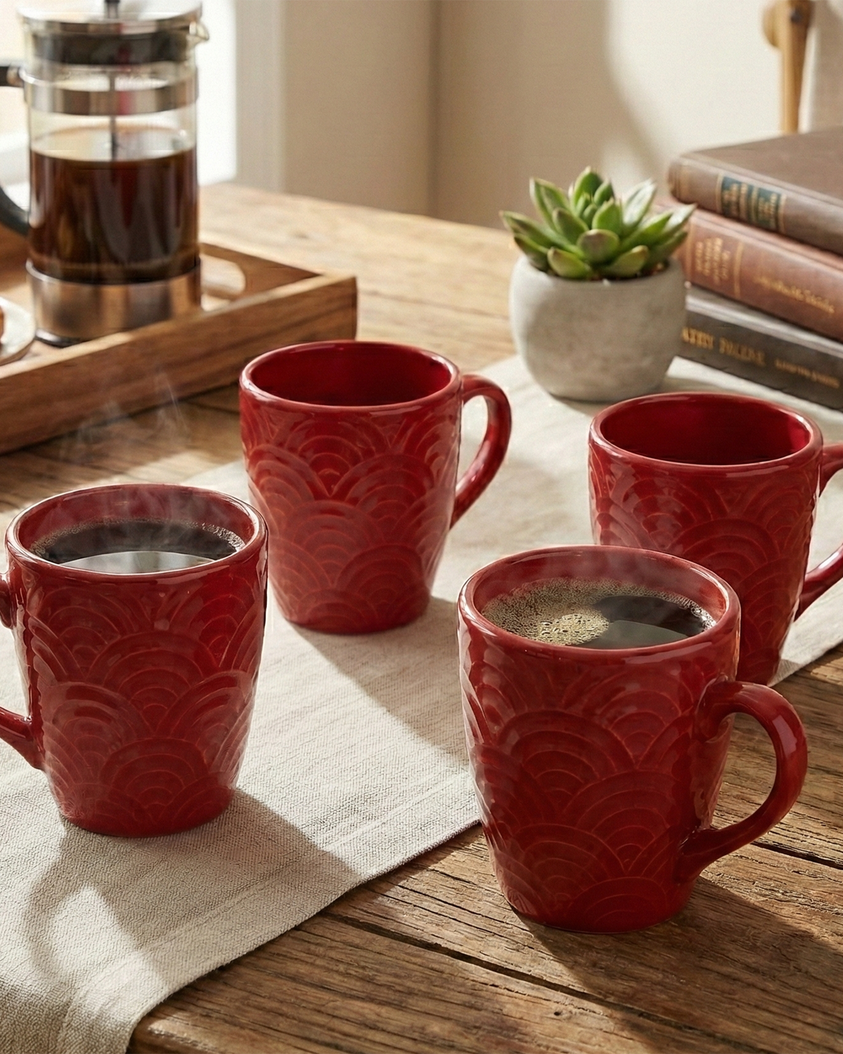 Scarlet Red Solid Ceramic Coffee Mug Set of 4