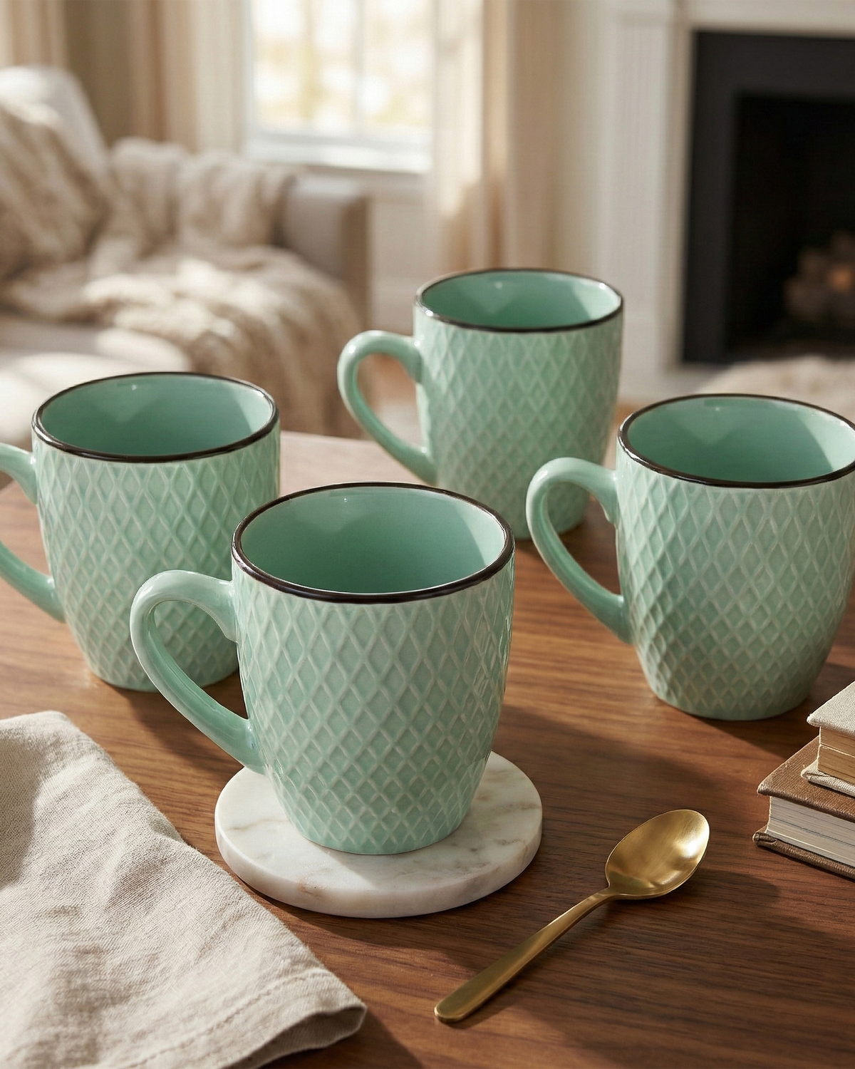 Sea Green Patterned Ceramic Cup