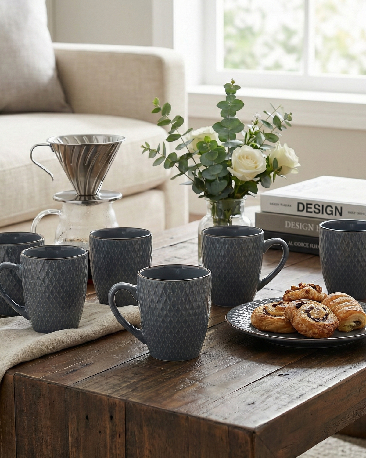 Smoky Slate Blue Patterned Ceramic Cup