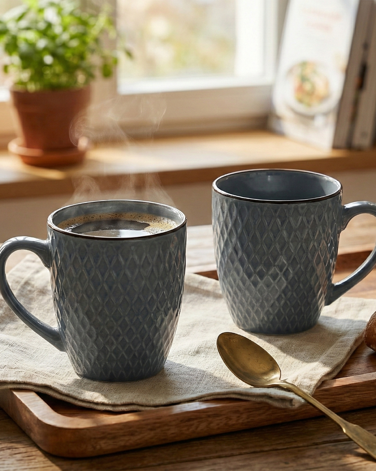 Smoky Slate Blue Patterned Ceramic Cup