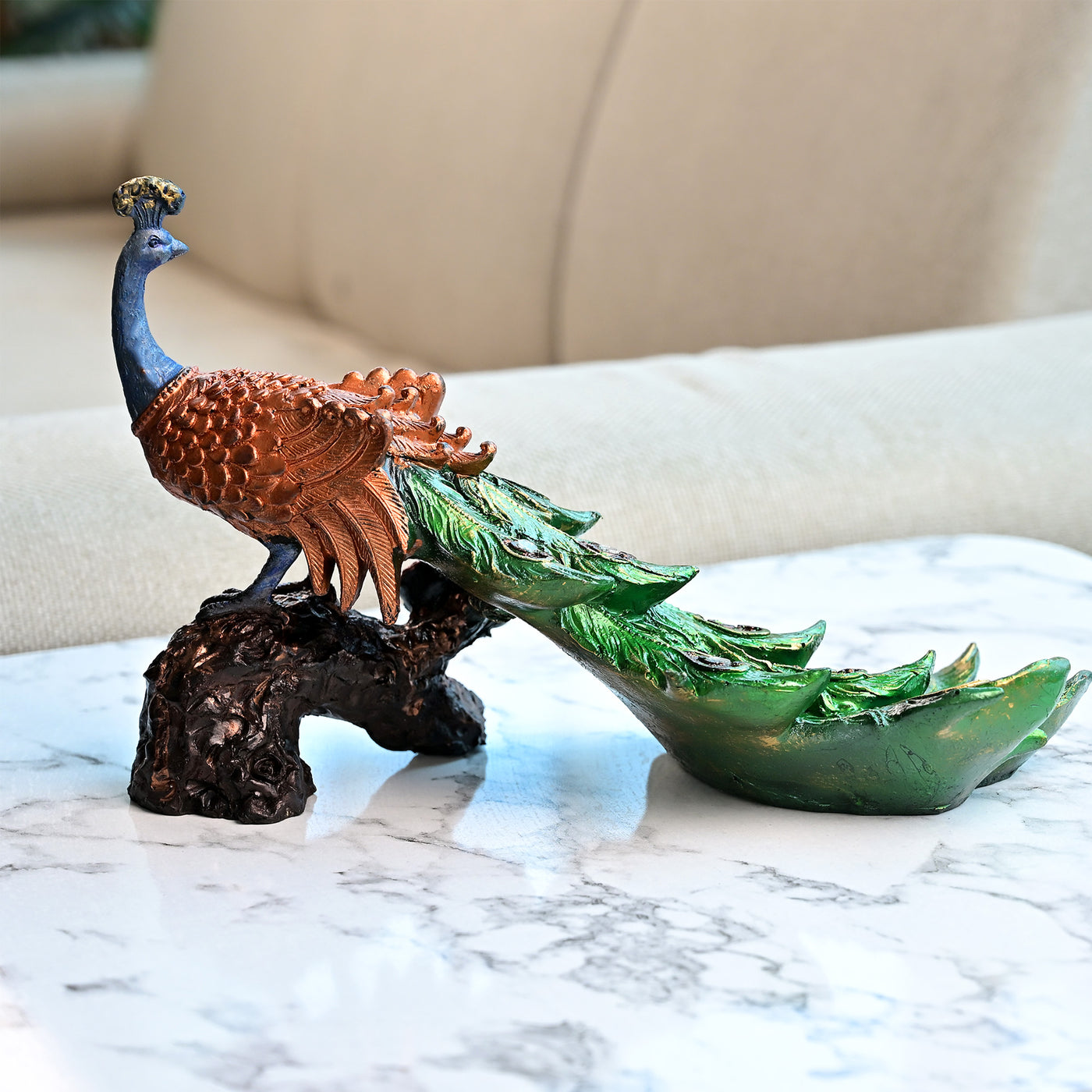 Peacock on Tree Trunk Statue