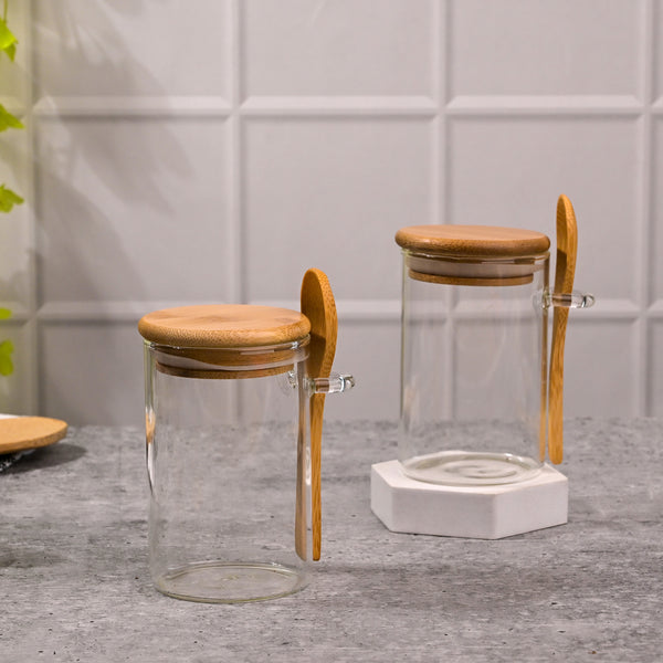 Classy Glass Cup with Wooden Lid and Spoon Set of 2 (300ml)