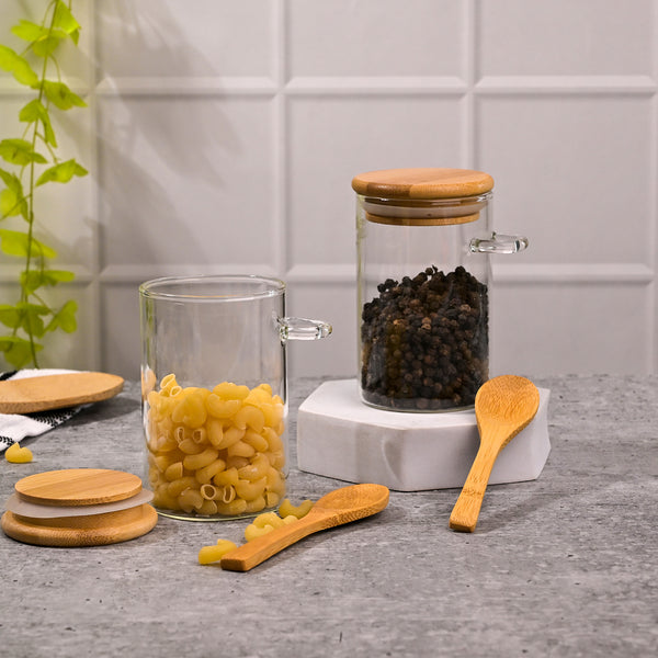Classy Glass Cup with Wooden Lid and Spoon Set of 2 (300ml)