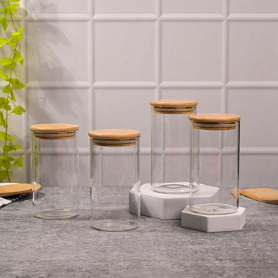 Elegant Round Glass Jar with Wooden Lid Set of 4 (320ml)