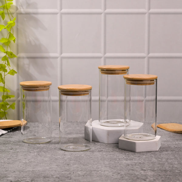 Elegant Round Glass Jar with Wooden Lid Set of 4 (320ml)