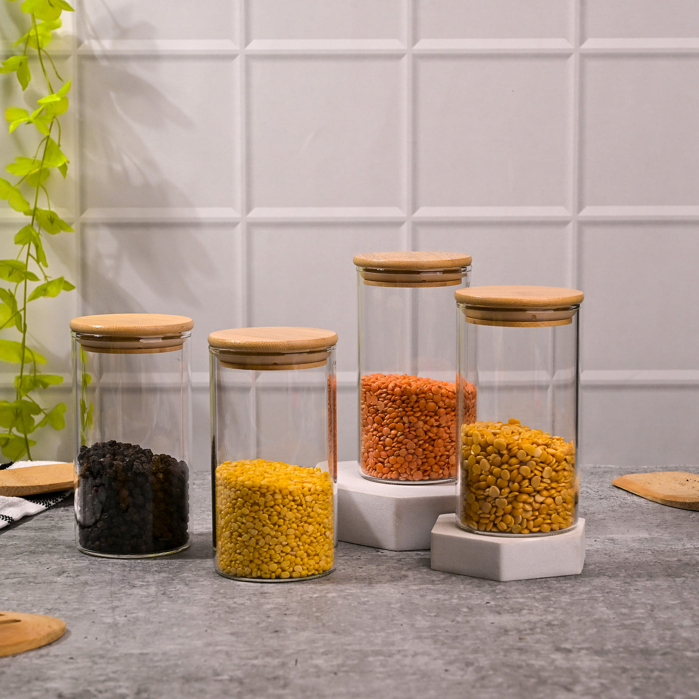 Elegant Round Glass Jar with Wooden Lid Set of 4 (320ml)