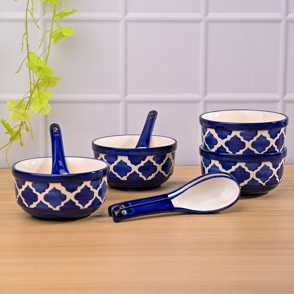 Blue Porcelain Soup Bowl Set with Spoon (Set of 4)