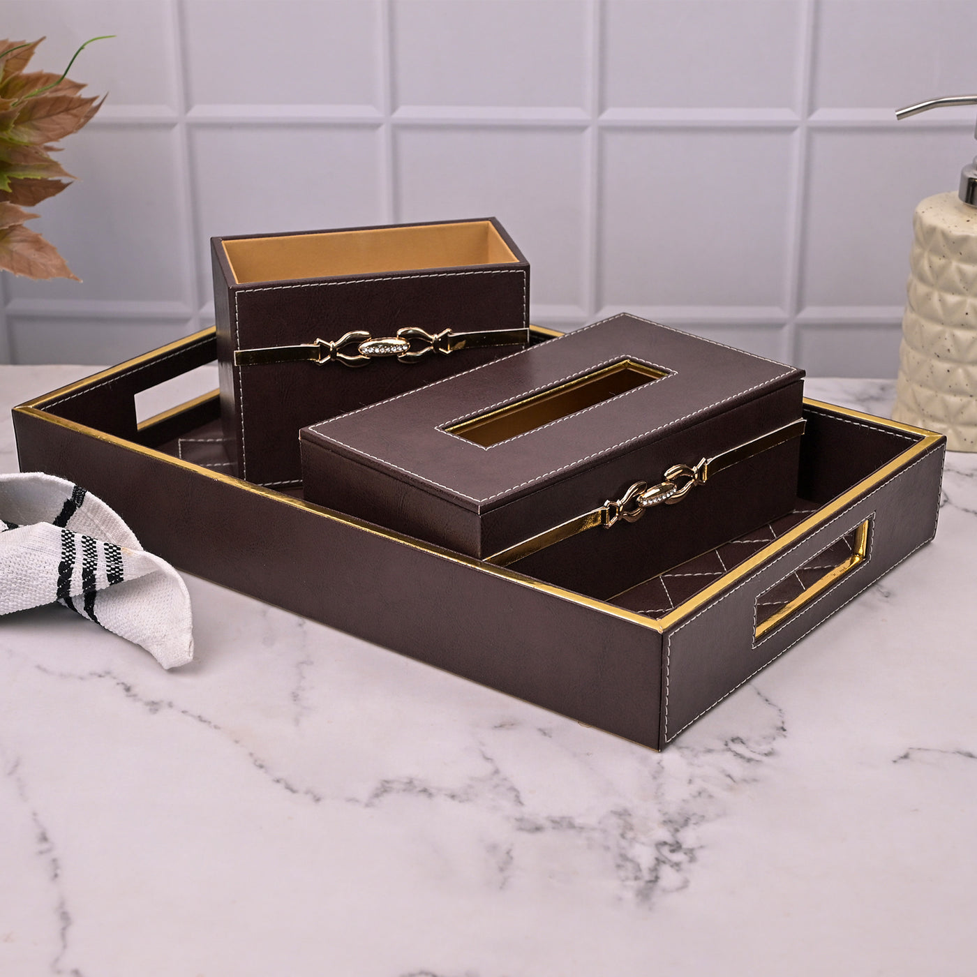 Premium Maroon Leather Bathroom Accessory Set