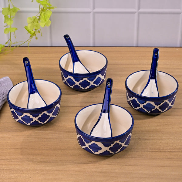 Blue Porcelain Soup Bowl Set with Spoon (Set of 4)