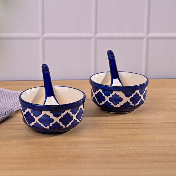 Blue Porcelain Soup Bowl Set with Spoon (Set of 2)
