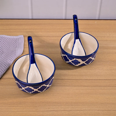 Blue Porcelain Soup Bowl Set with Spoon Sets