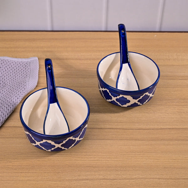 Blue Porcelain Soup Bowl Set with Spoon (Set of 2)