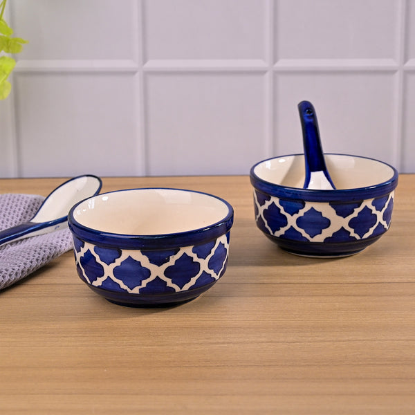 Blue Porcelain Soup Bowl Set with Spoon (Set of 2)