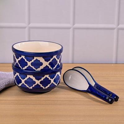 Blue Porcelain Soup Bowl Set with Spoon Sets