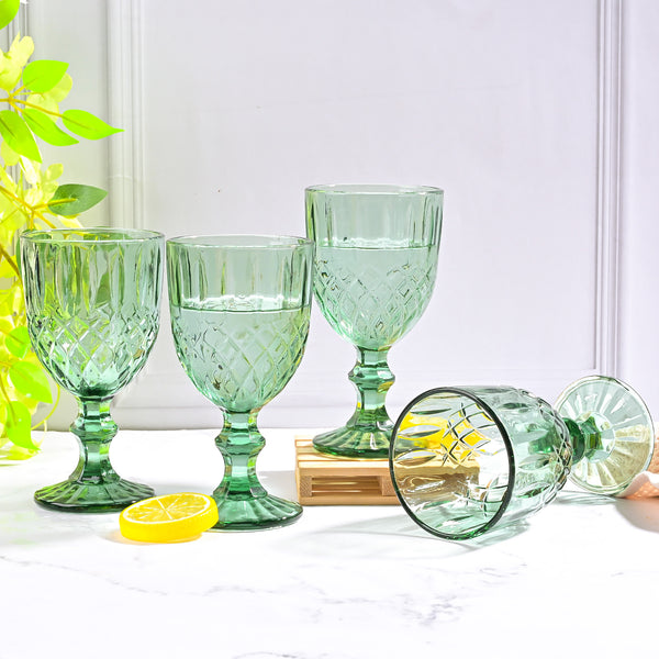 Vintage Diamond Detailing Glass Set of 4 - Emerald Green