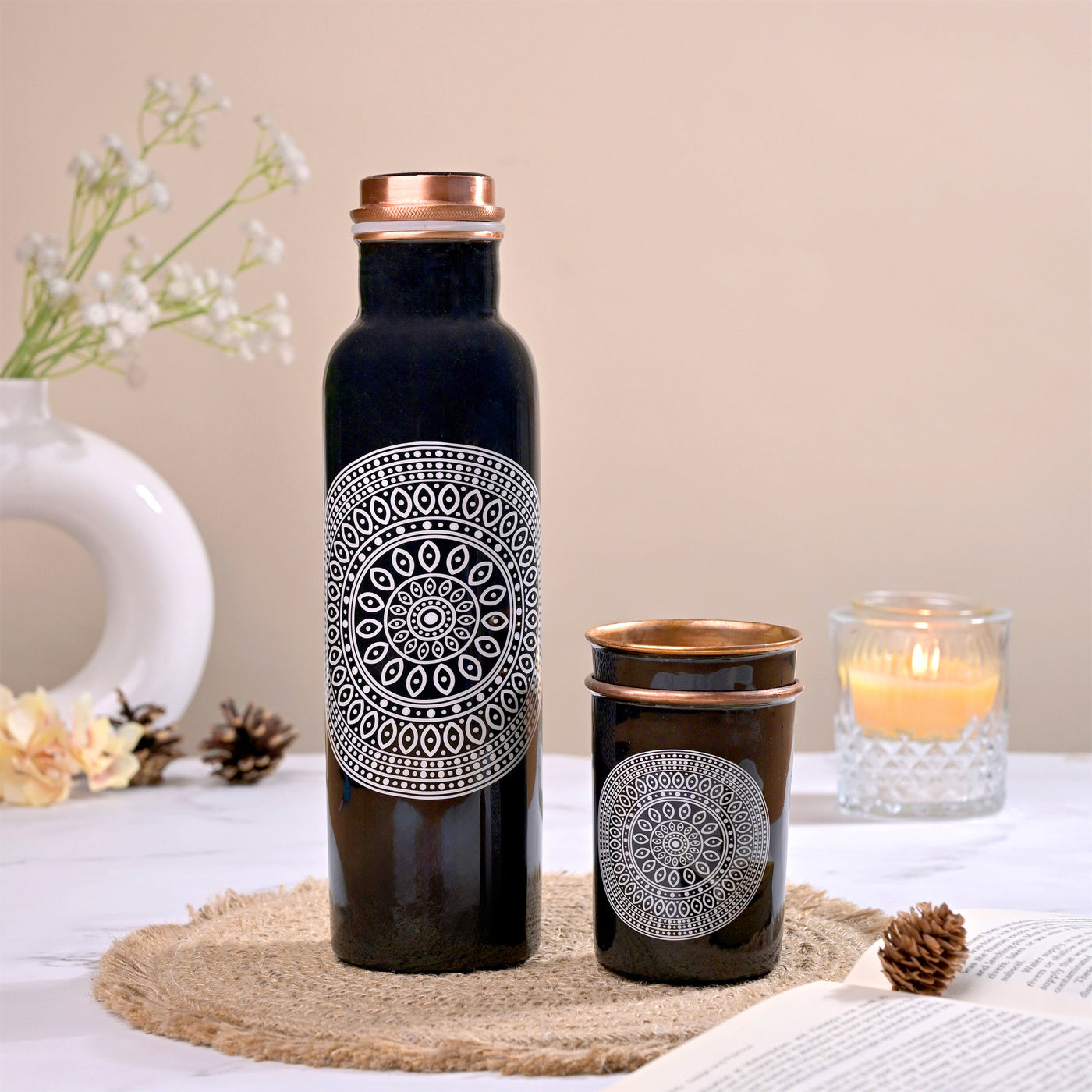 Mandala Printed Copper Bottle With Glass Set