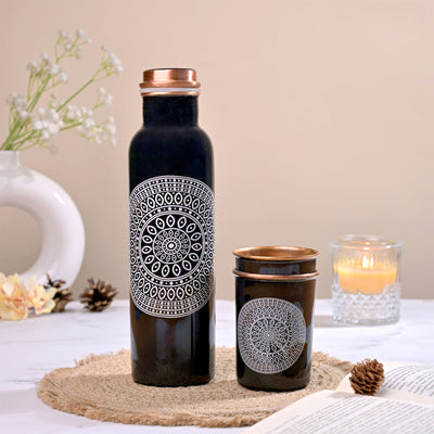 Mandala Printed Copper Bottle With Glass Set
