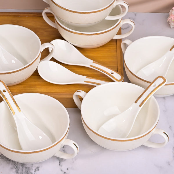 Elegant Porcelain White Bowl with Spoon (Set of 6)