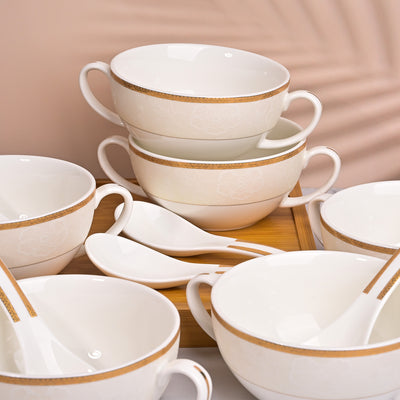 Elegant Porcelain White Bowl with Spoon (Set of 6)