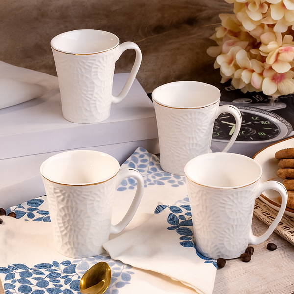 Embossed Pure White Tea Cups Set of 4
