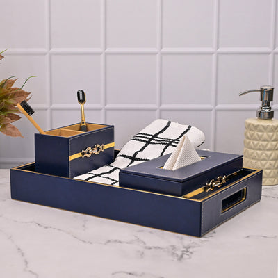 Blue Leather Bathroom Accessory Set