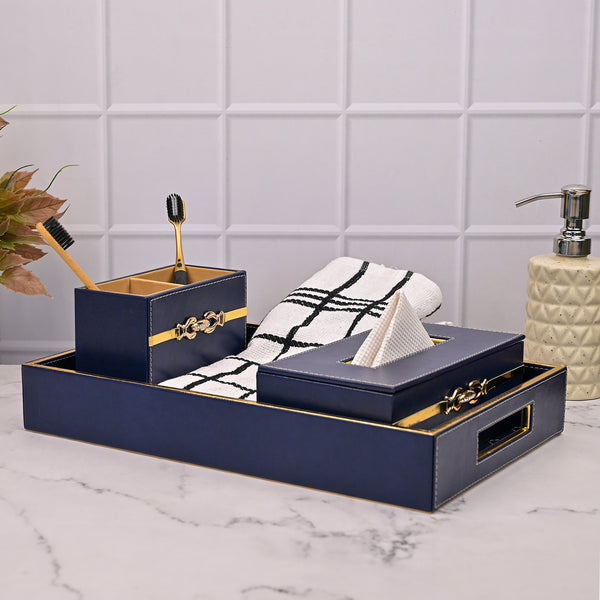 Blue Leather Bathroom Accessory Set