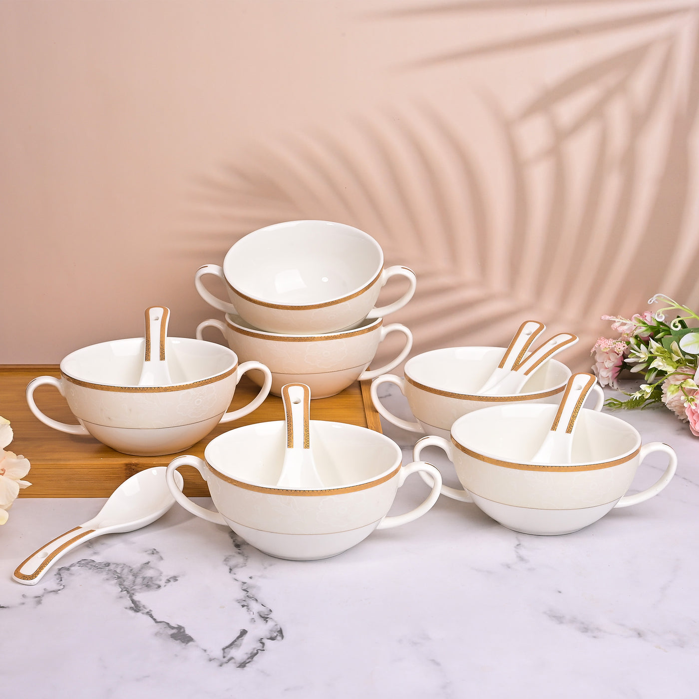 Elegant Porcelain White Bowl with Spoon (Set of 6)