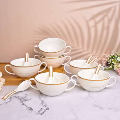 Elegant Porcelain White Bowl with Spoon (Set of 6)