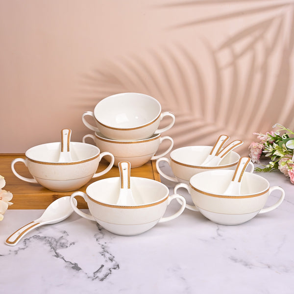 Elegant Porcelain White Bowl with Spoon (Set of 6)