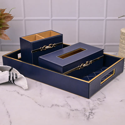 Blue Leather Bathroom Accessory Set
