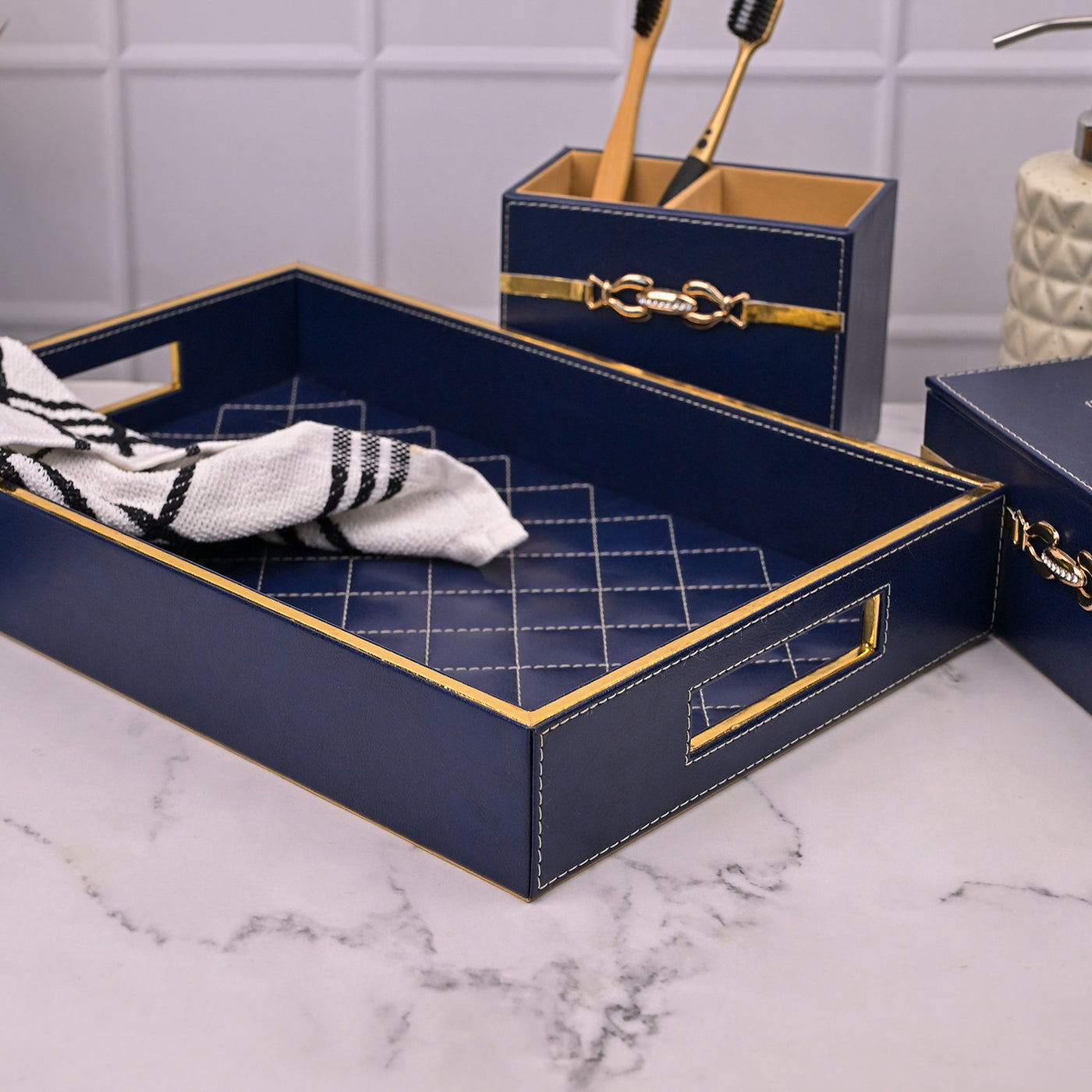 Blue Leather Bathroom Accessory Set