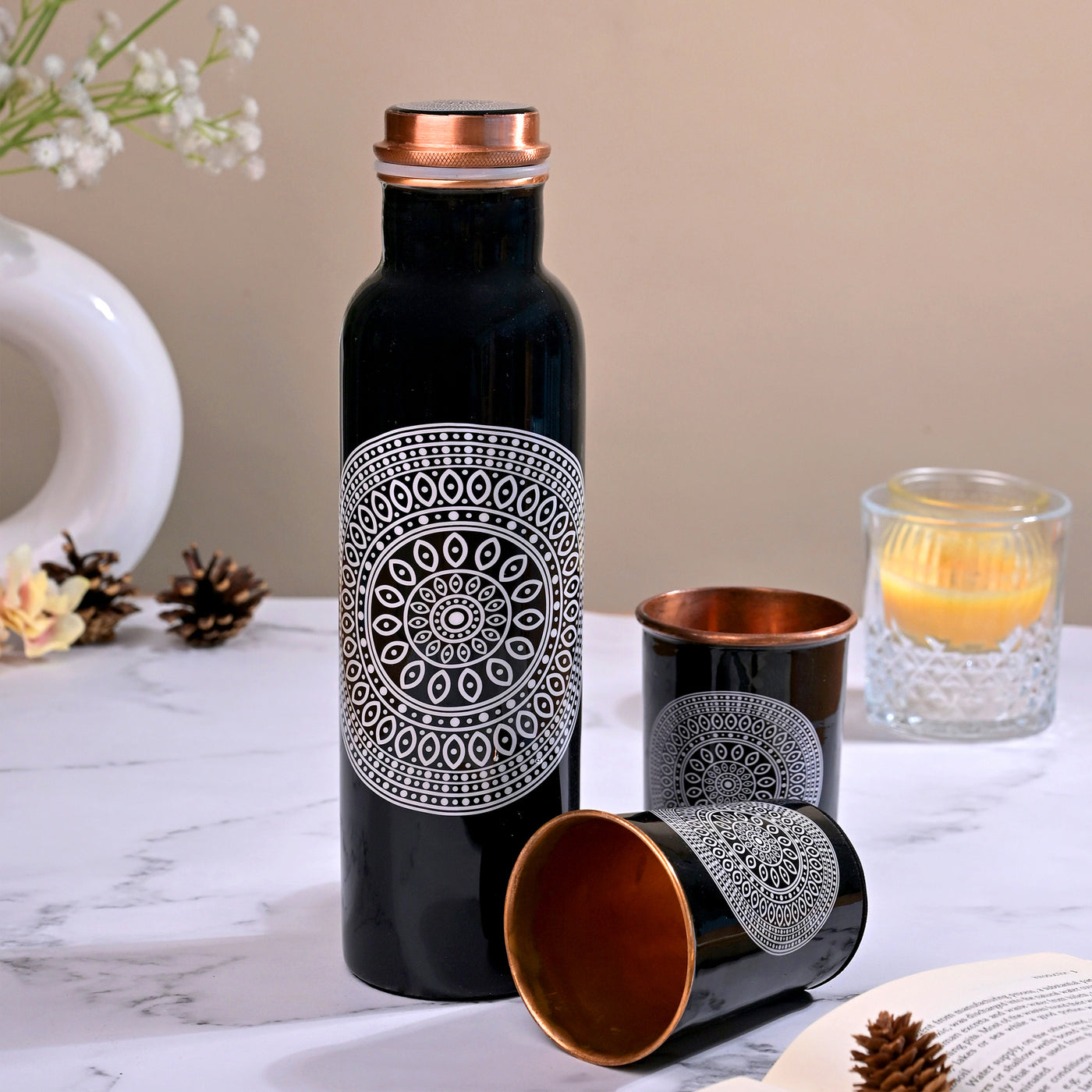 Mandala Printed Copper Bottle With Glass Set