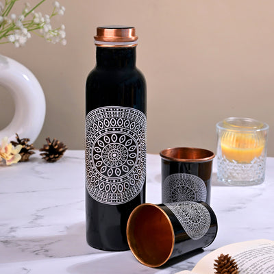 Mandala Printed Copper Bottle With Glass Set