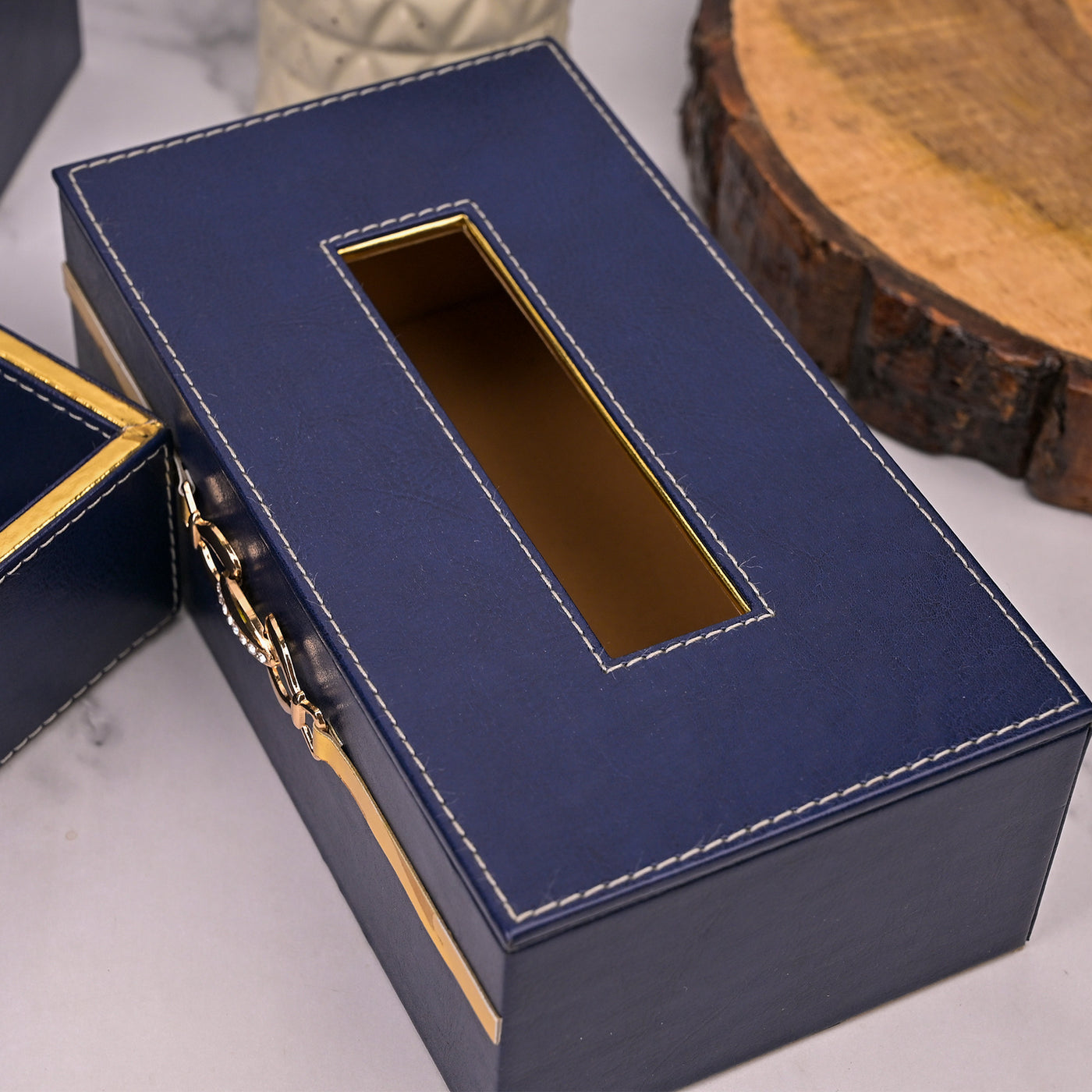 Blue Leather Bathroom Accessory Set
