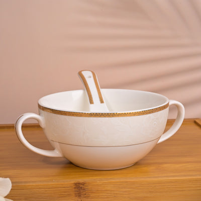 Elegant Porcelain White Bowl with Spoon (Set of 6)