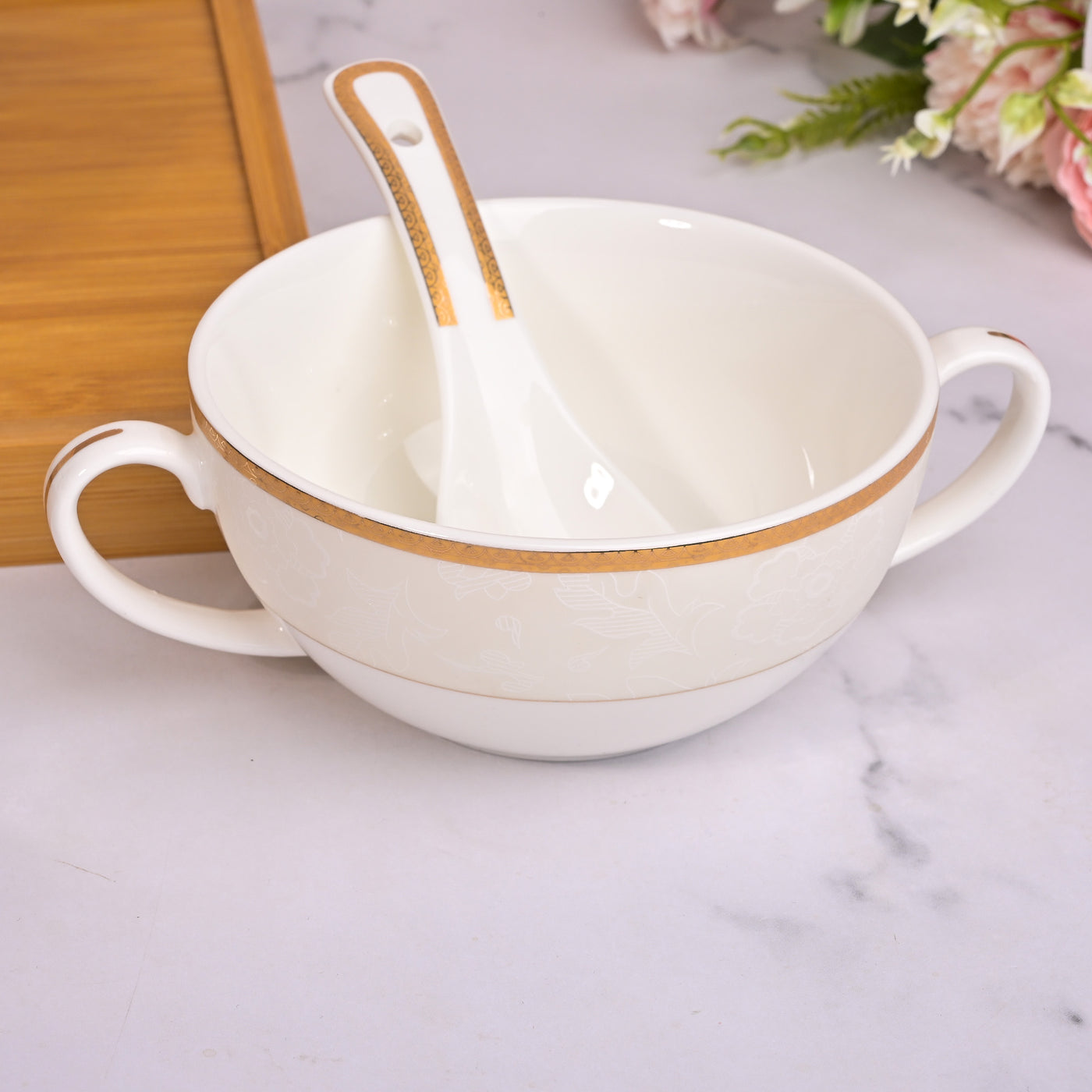 Elegant Porcelain White Bowl with Spoon (Set of 6)