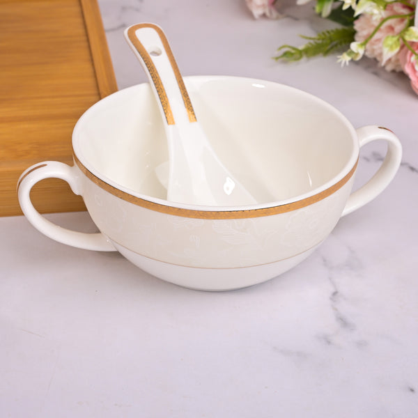 Elegant Porcelain White Bowl with Spoon (Set of 6)