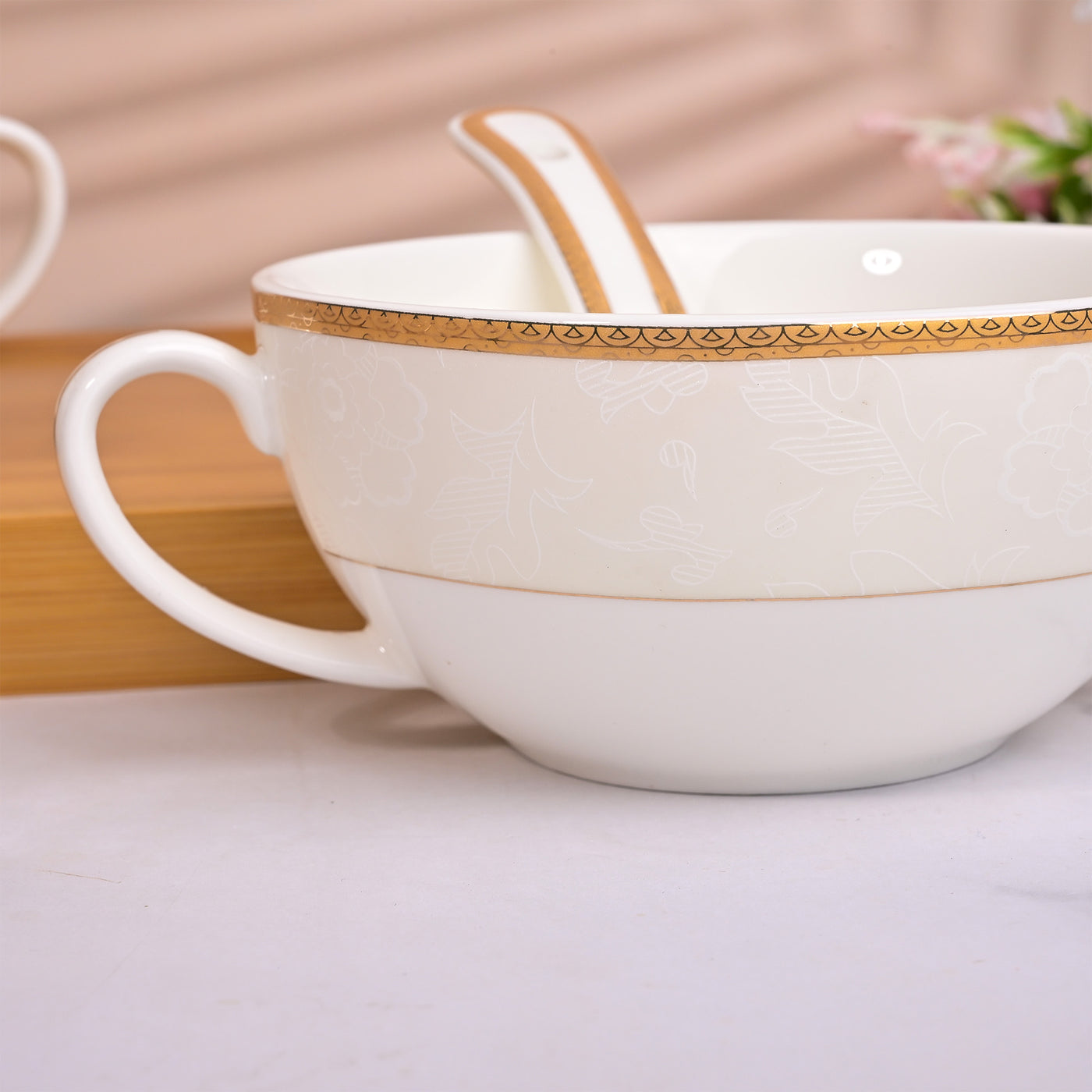 Elegant Porcelain White Bowl with Spoon (Set of 6)