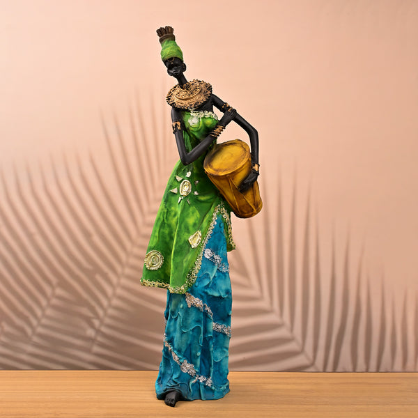 African Woman Holding Drum Statue