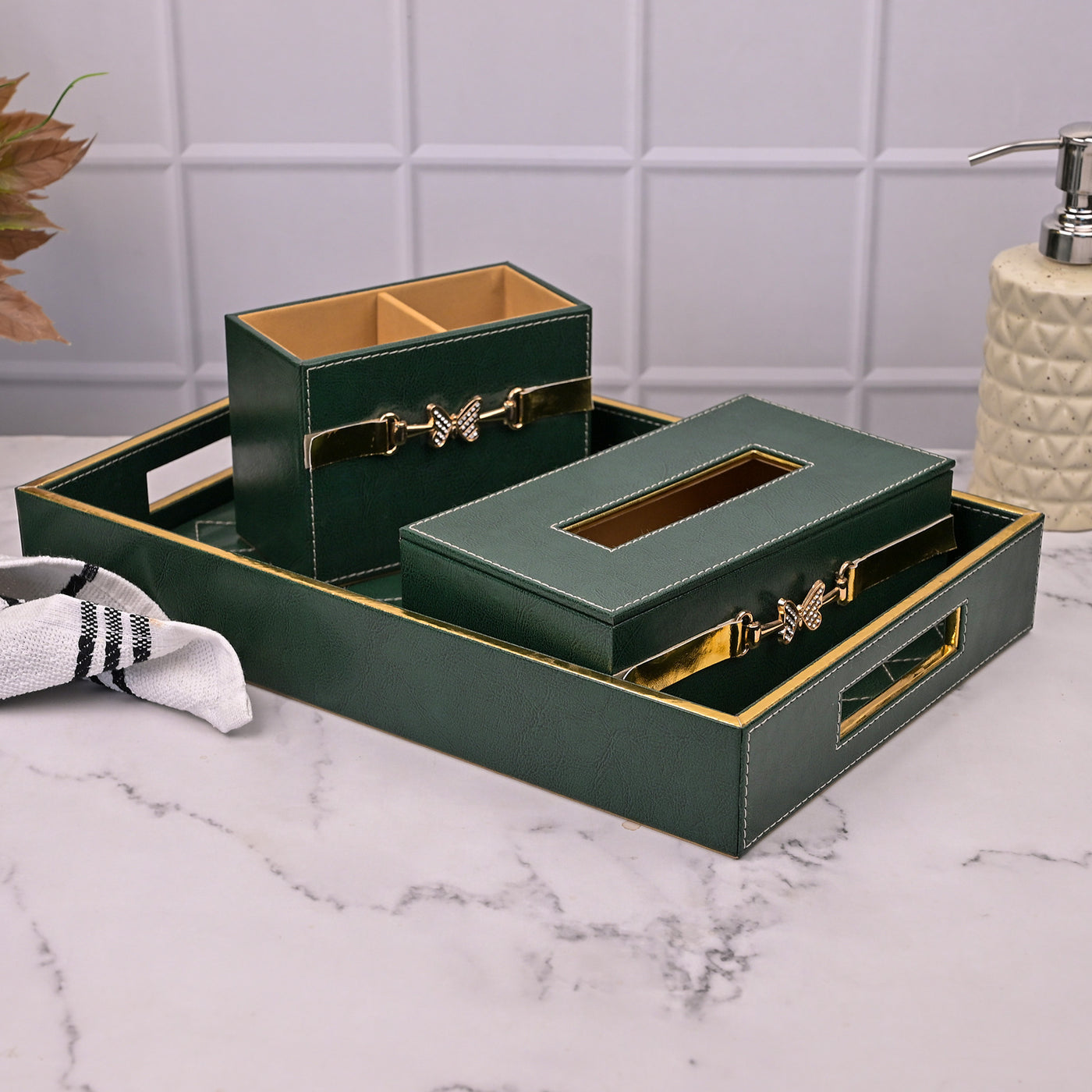 Luxury Green Leather Bathroom Accessory Set