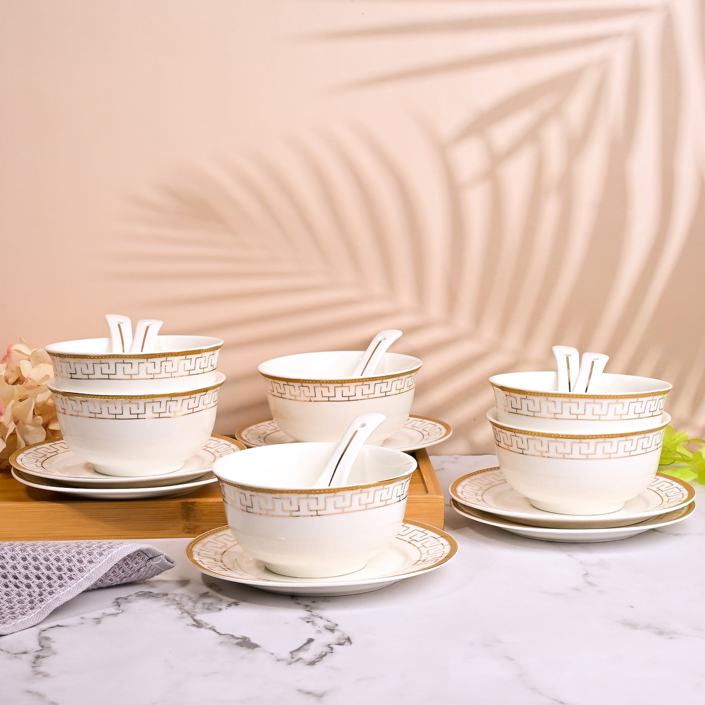 Opulent White Bowl and Saucer Sets