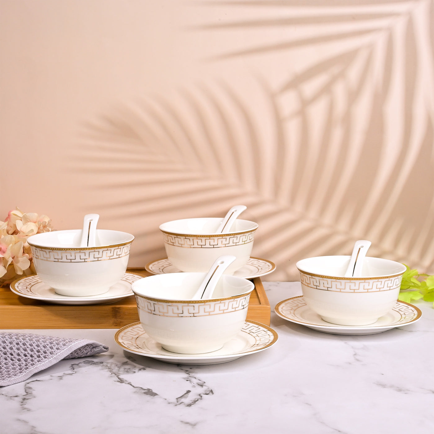 Opulent White Bowl and Saucer Sets