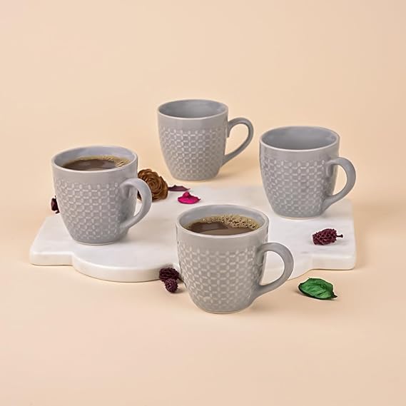 Elegant Sculpted Grey Ceramic Tea Cup Set of 4