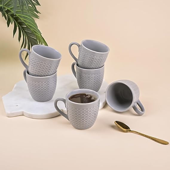 Elegant Sculpted Grey Ceramic Tea Cup Set of 6